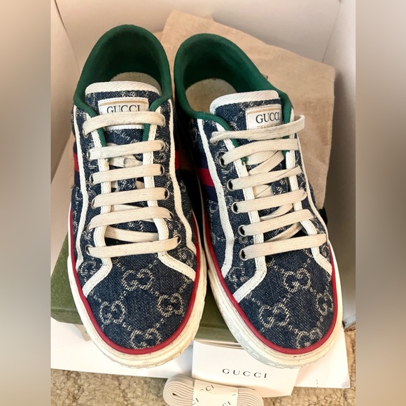 Gucci Tennis 1977 Webbing Trimmed Monogrammed Blue Denim Sneakers Size 8… - Picture 4 of 15